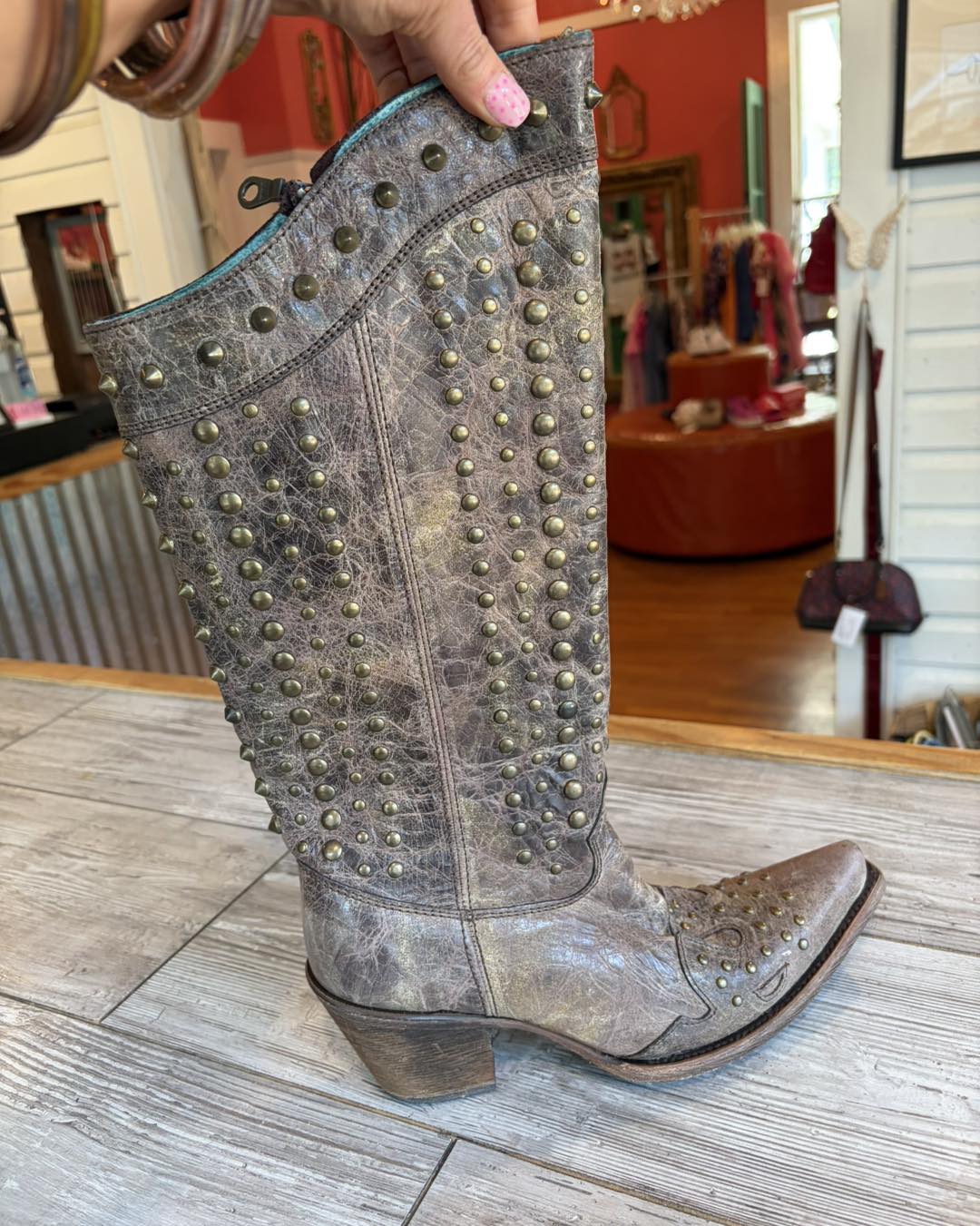 Studded leather cowboy boots